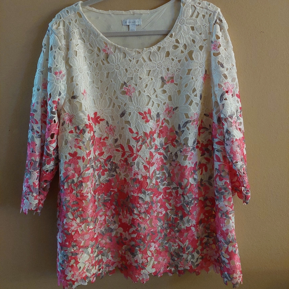 Charter Club embroidered eyelet cream rose pink floral botanical top. 1X